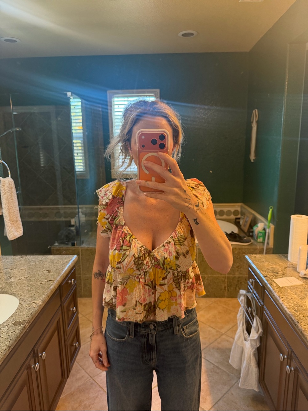 Roxy Floral Ruffle V-Neck Crop Top - Yellow Pink